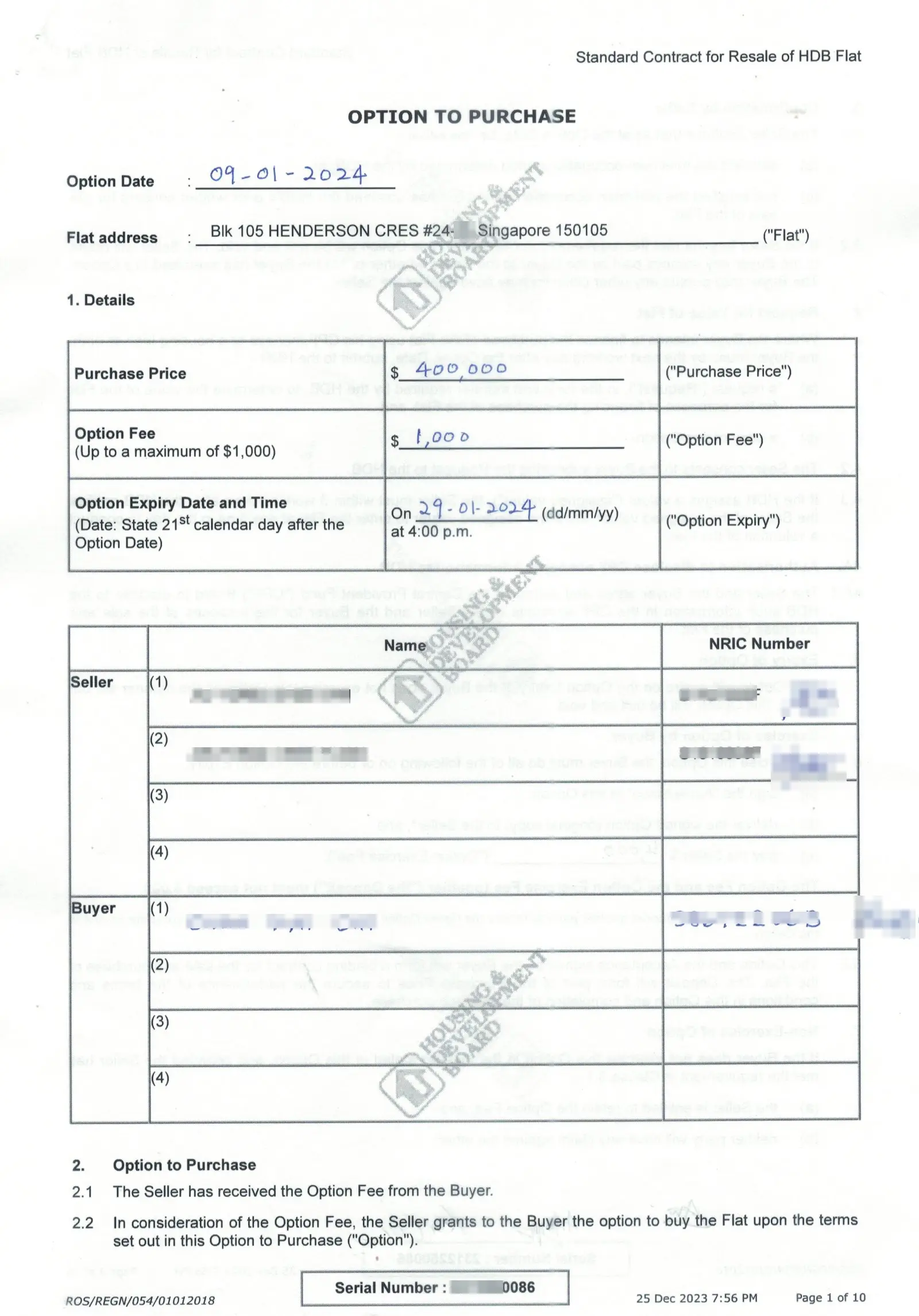 Option to Purchase Blk 105 Henderson Crescent