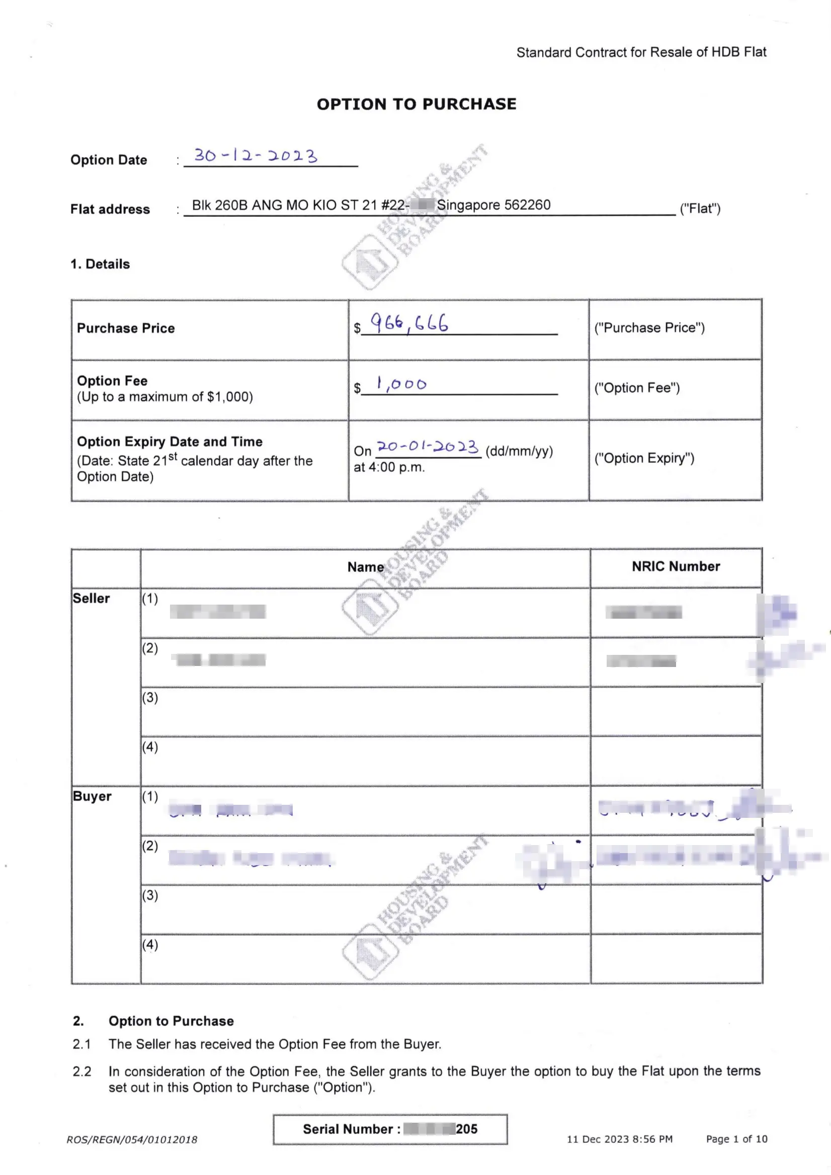 Option to Purchase Blk 260B Ang Mo Kio St 21
