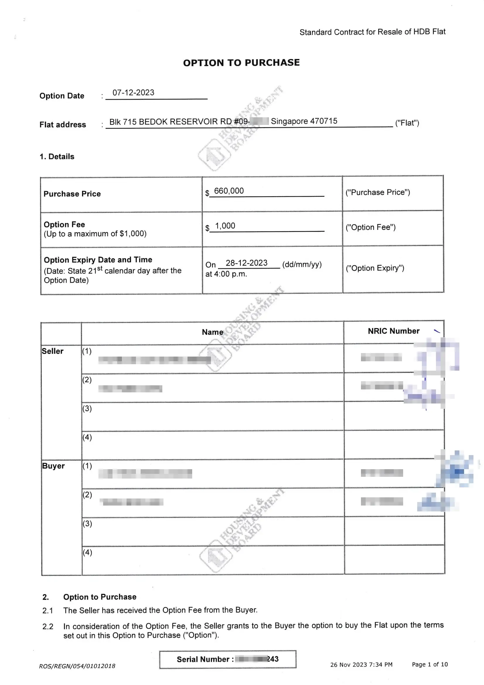 Option to Purchase Blk 715 Bedok Reservoir Road