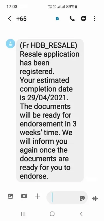 SMS screenshot HDB acceptance